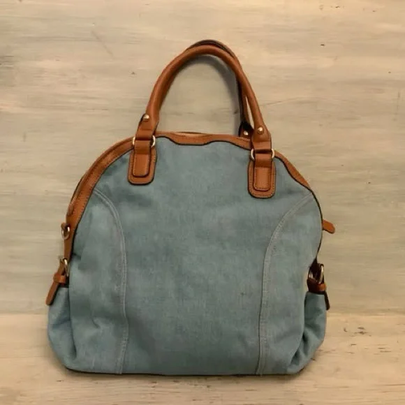 Cato Embroidered Flower Print Denim Brown Faux Leather Handbag Purse Like New - Picture 8 of 8